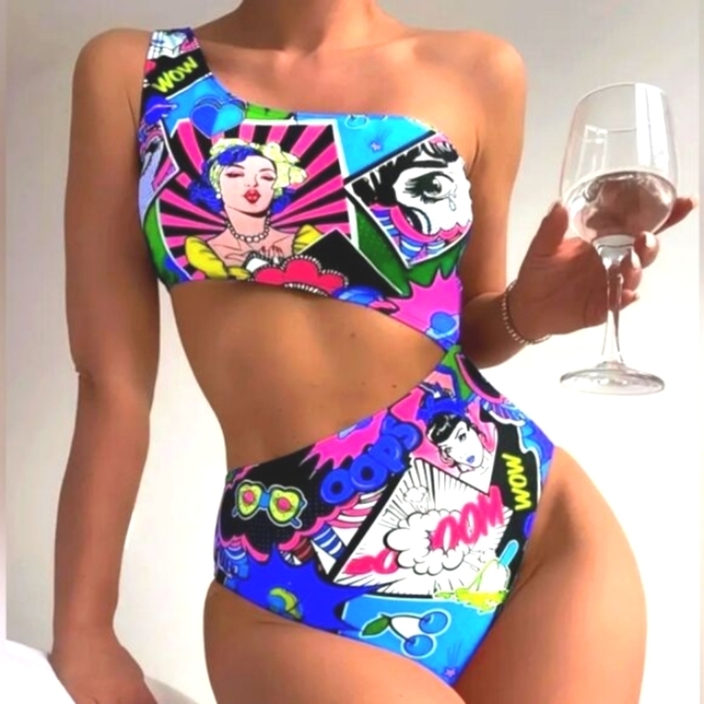 Ladies Pop Art One-Shoulder Swimsuit Sz Medium